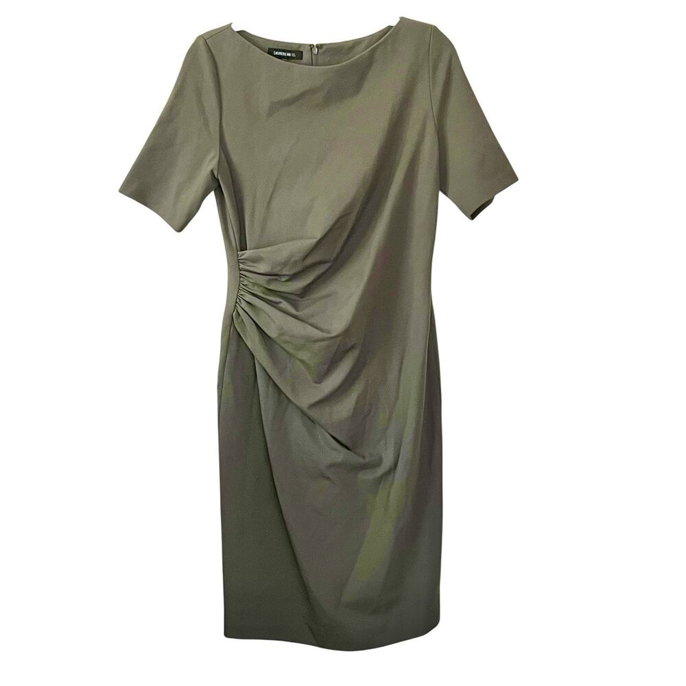 Lafayette 148 Sheath Midi Dress Women’s Size 6 Stretch Ponte Knit Ruched Green